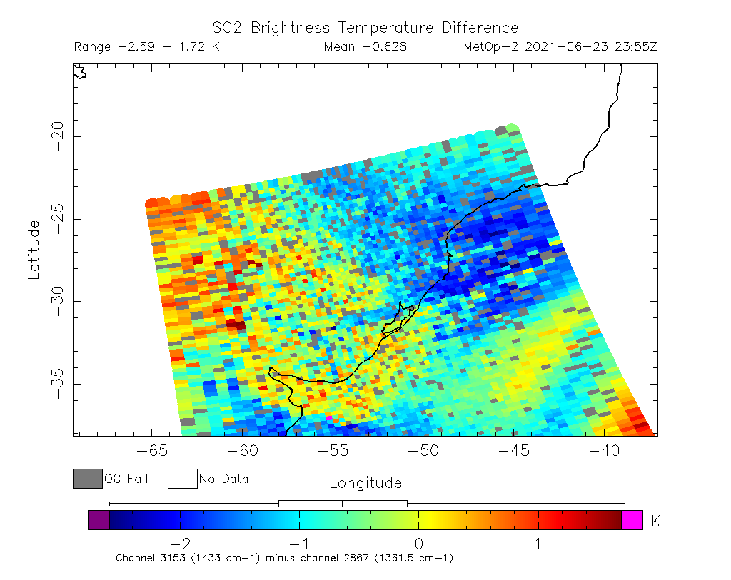 SO2 Brightness Temperature Difference 2021-06-23 23:55Z