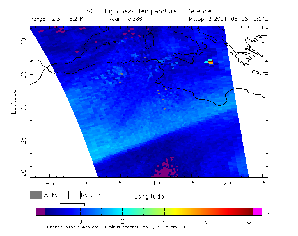 SO2 Brightness Temperature Difference 2021-06-28 19:04Z