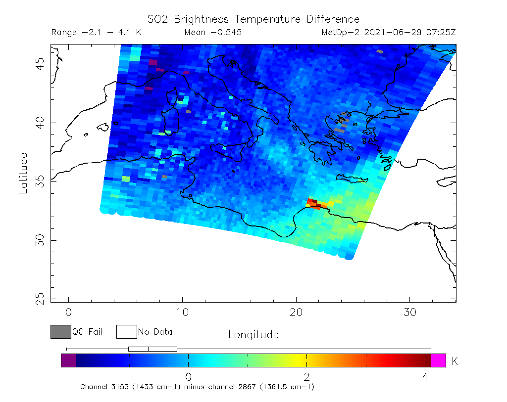 SO2 Brightness Temperature Difference 2021-06-29 07:25Z