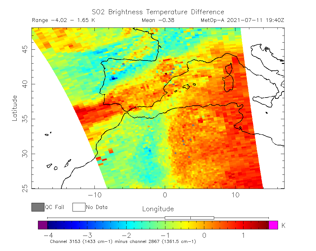 SO2 Brightness Temperature Difference 2021-07-11 19:40Z