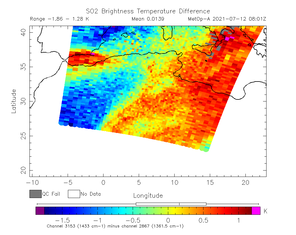 SO2 Brightness Temperature Difference 2021-07-12 08:01Z