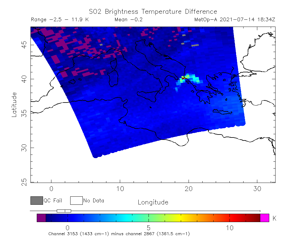 SO2 Brightness Temperature Difference 2021-07-14 18:34Z