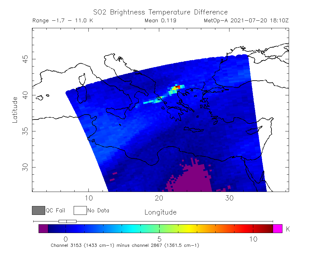 SO2 Brightness Temperature Difference 2021-07-20 18:10Z