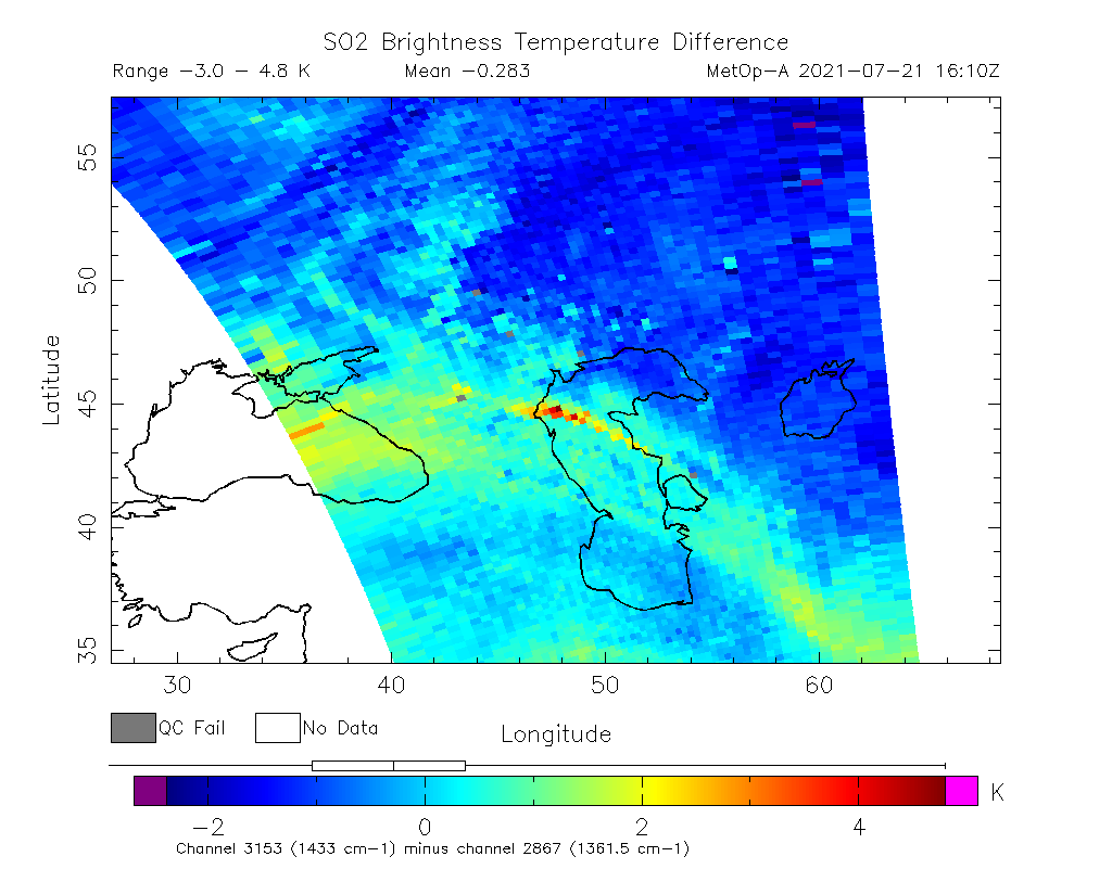 SO2 Brightness Temperature Difference 2021-07-21 16:10Z