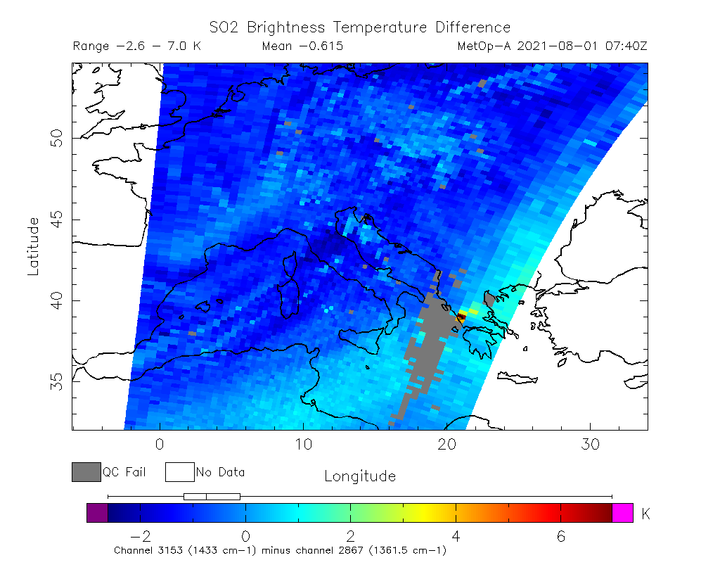 SO2 Brightness Temperature Difference 2021-08-01 07:40Z