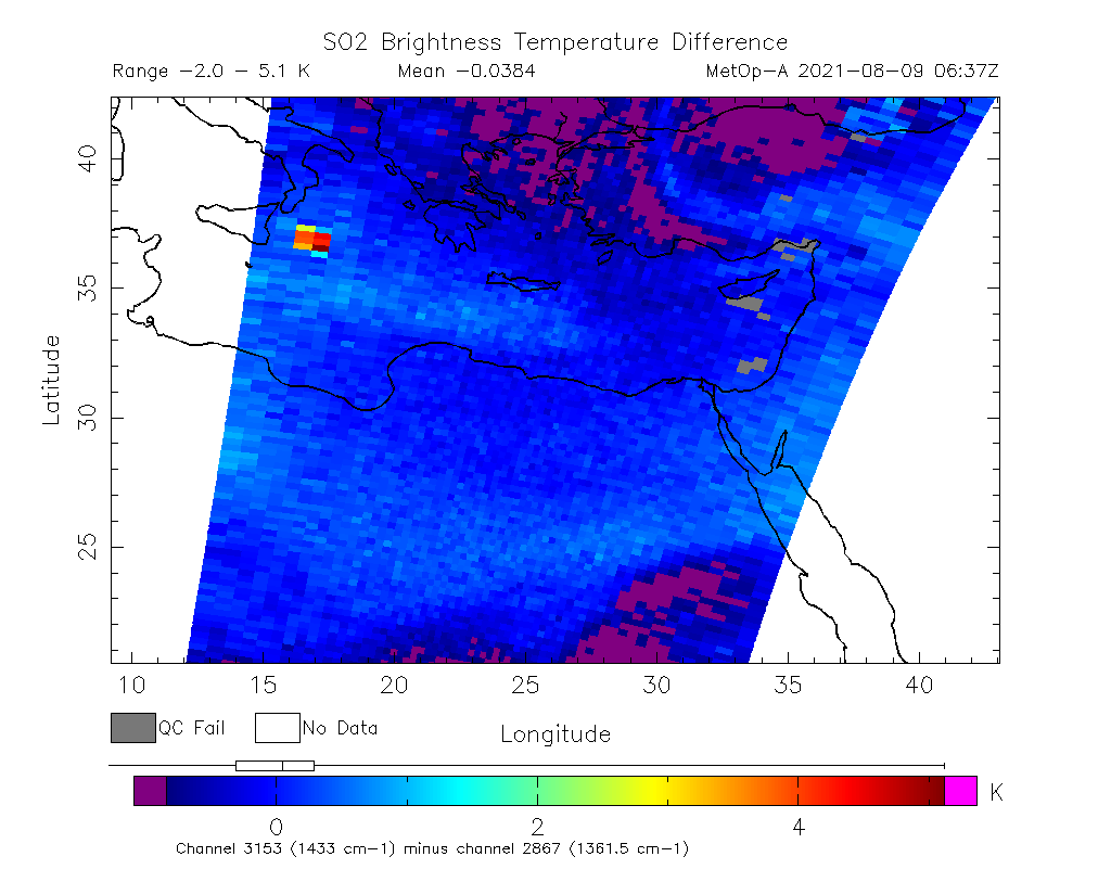SO2 Brightness Temperature Difference 2021-08-09 06:37Z