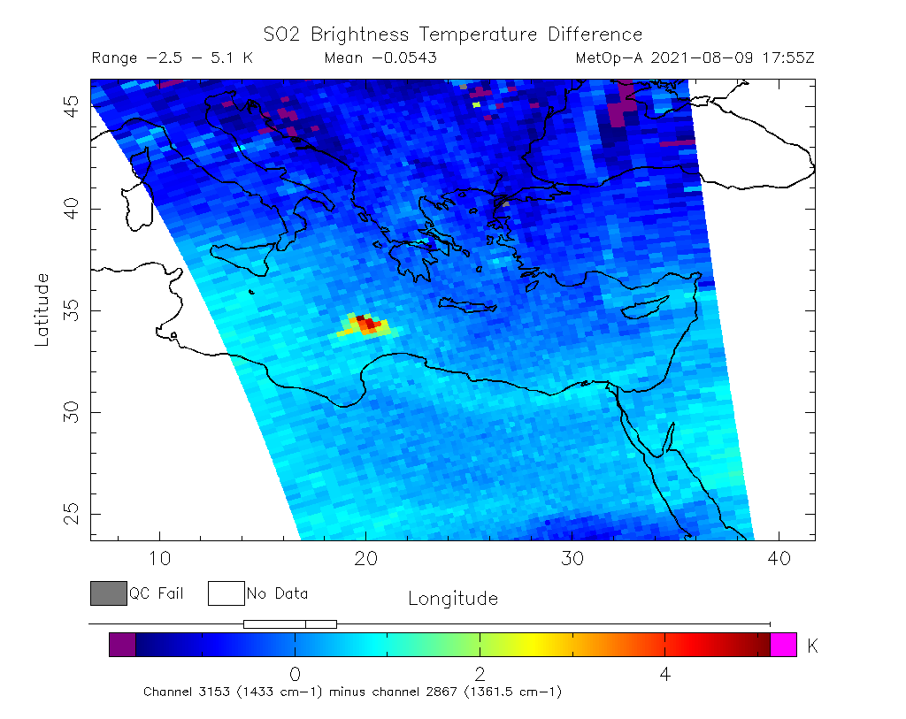 SO2 Brightness Temperature Difference 2021-08-09 17:55Z