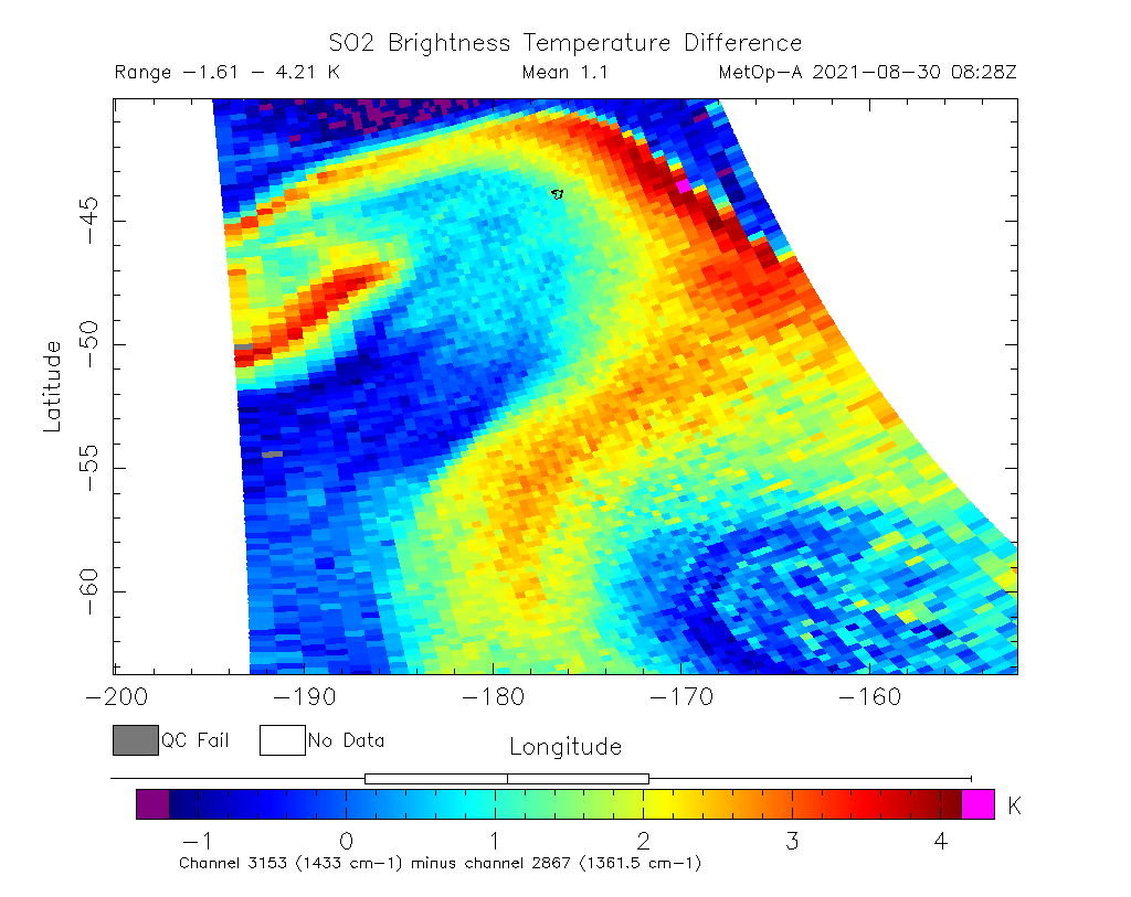 SO2 Brightness Temperature Difference 2021-08-30 08:28Z