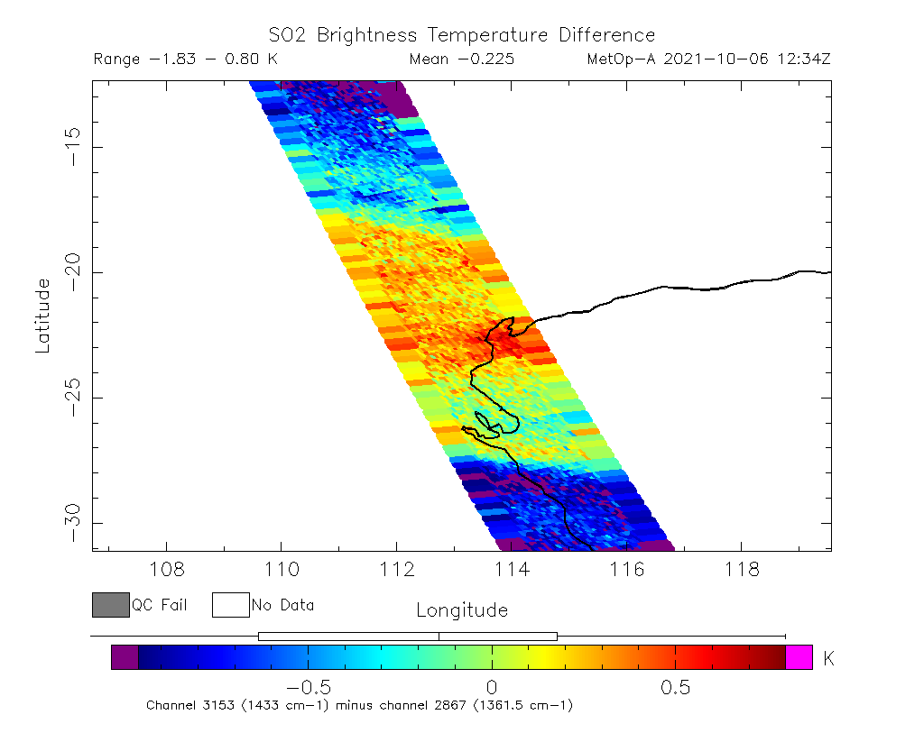 SO2 Brightness Temperature Difference 2021-10-06 12:34Z