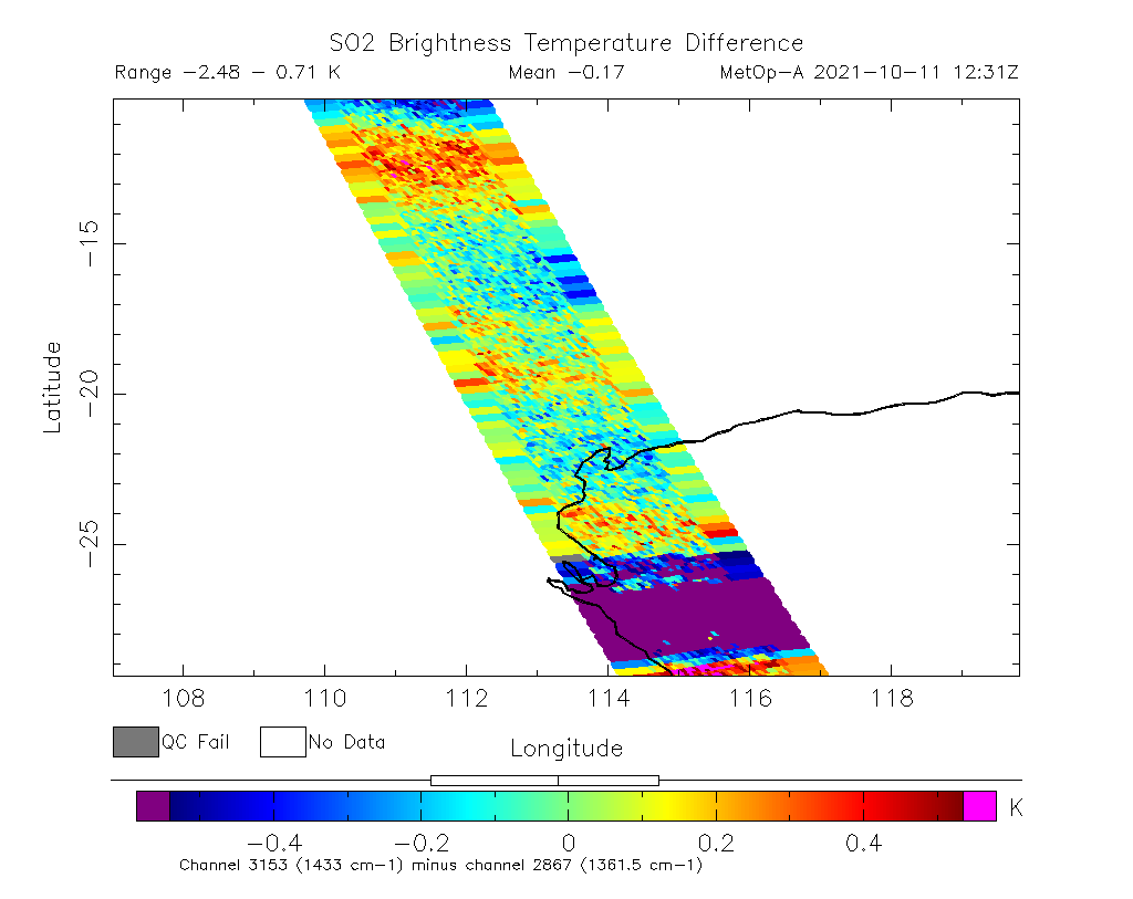SO2 Brightness Temperature Difference 2021-10-11 12:31Z