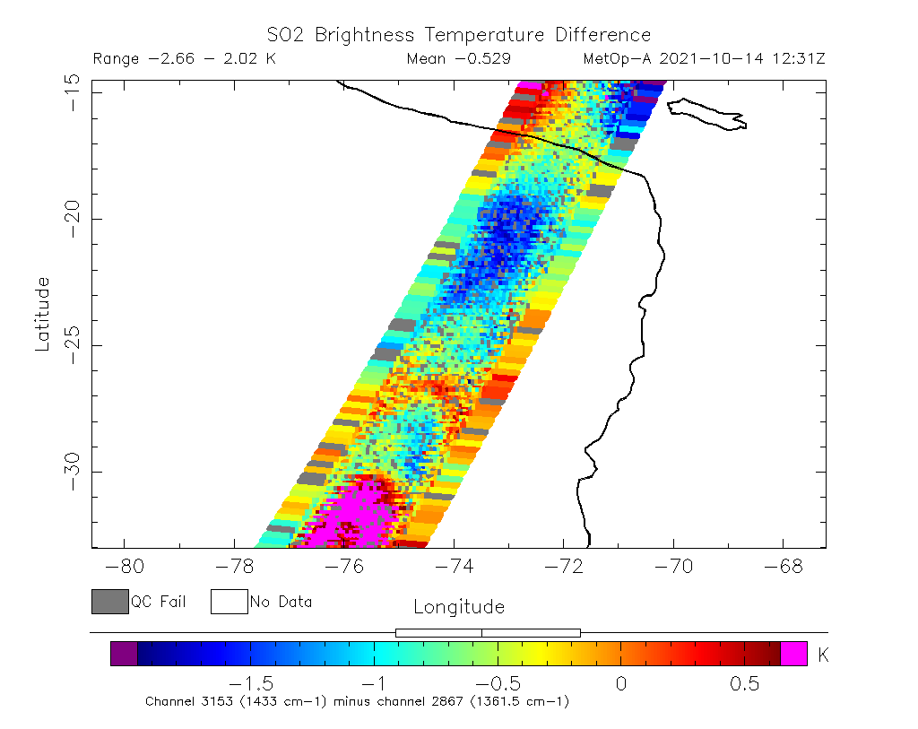 SO2 Brightness Temperature Difference 2021-10-14 12:31Z