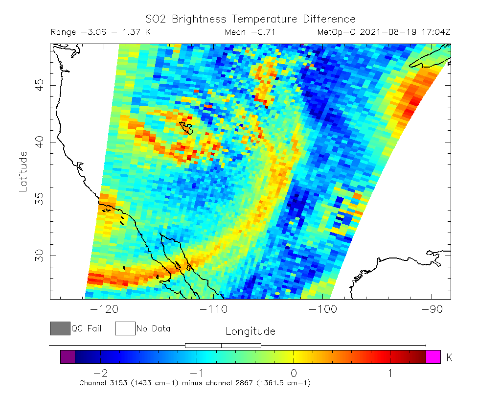 SO2 Brightness Temperature Difference 2021-08-19 17:04Z