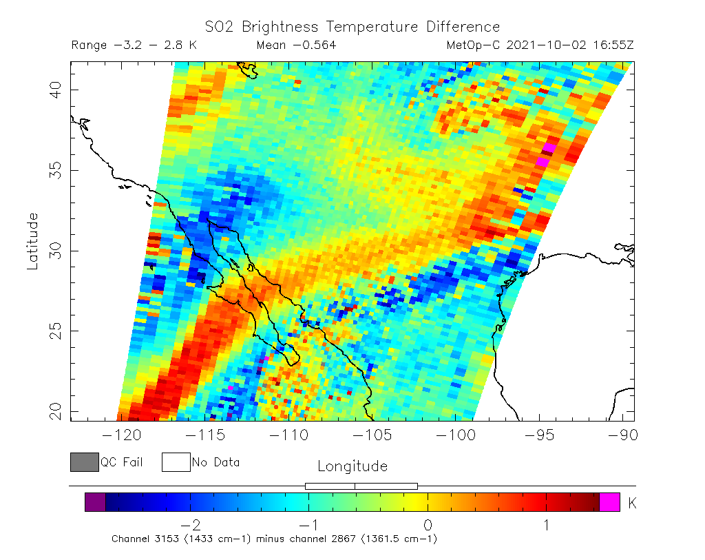 SO2 Brightness Temperature Difference 2021-10-02 16:55Z