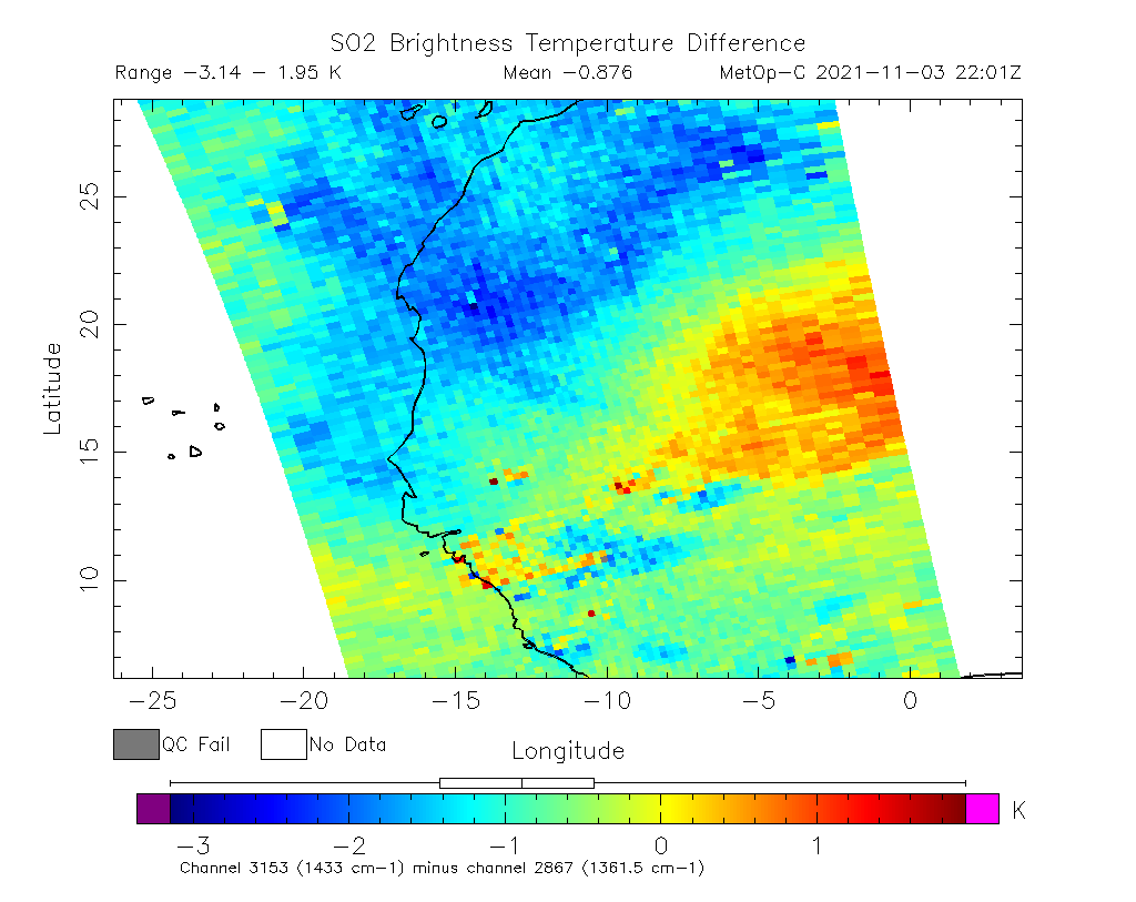 SO2 Brightness Temperature Difference 2021-11-03 22:01Z