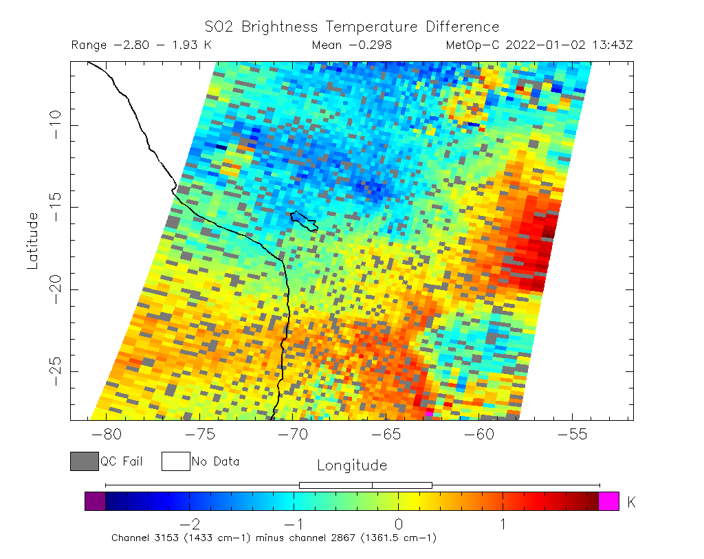 SO2 Brightness Temperature Difference 2022-01-02 13:43Z