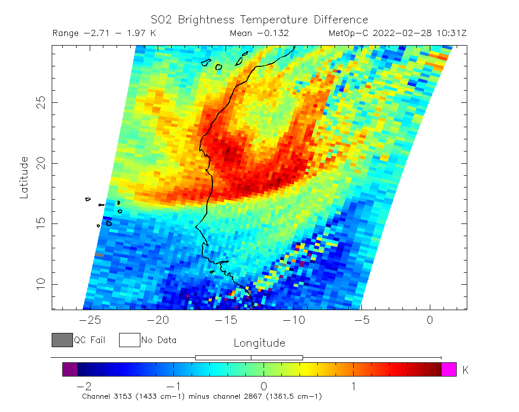 SO2 Brightness Temperature Difference 2022-02-28 10:31Z