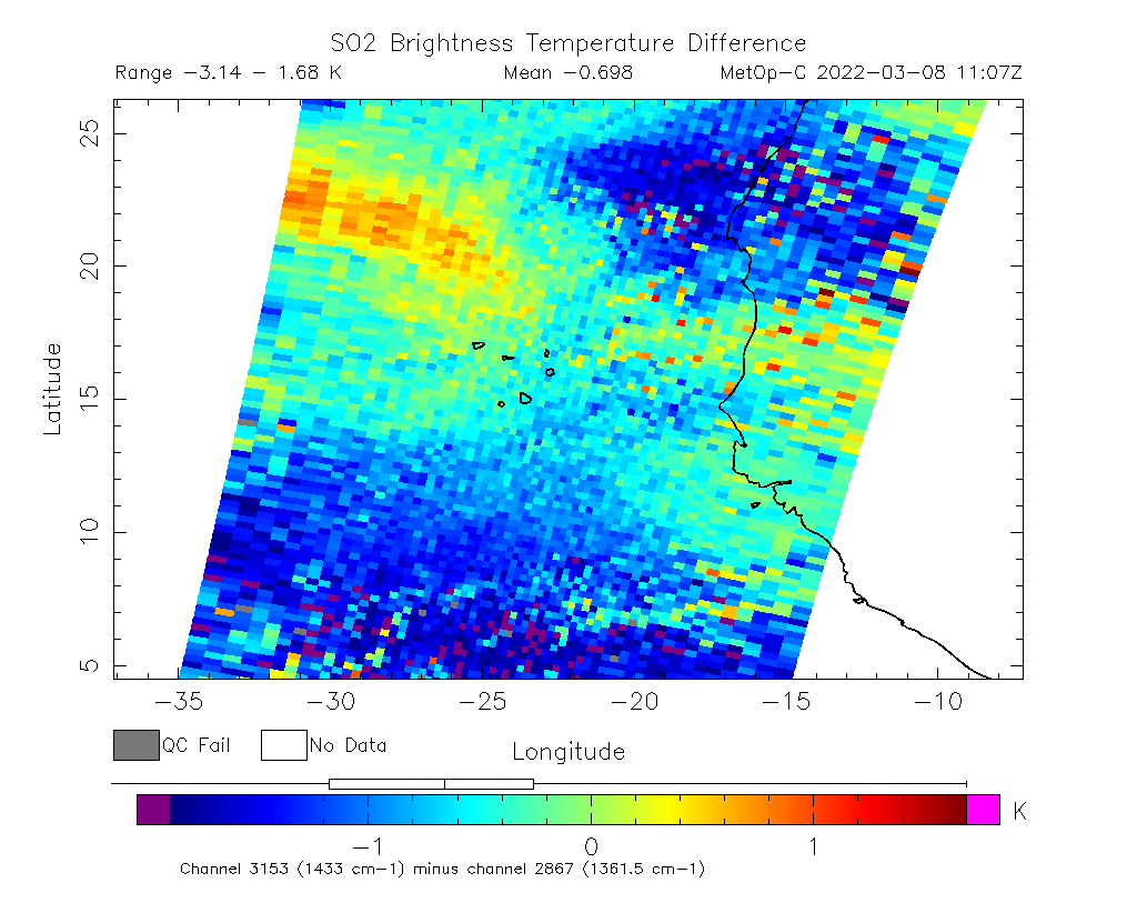 SO2 Brightness Temperature Difference 2022-03-08 11:07Z