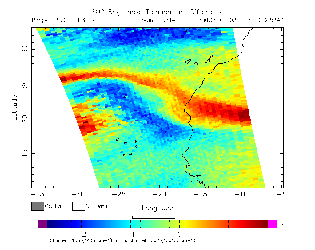 SO2 Brightness Temperature Difference 2022-03-12 22:34Z