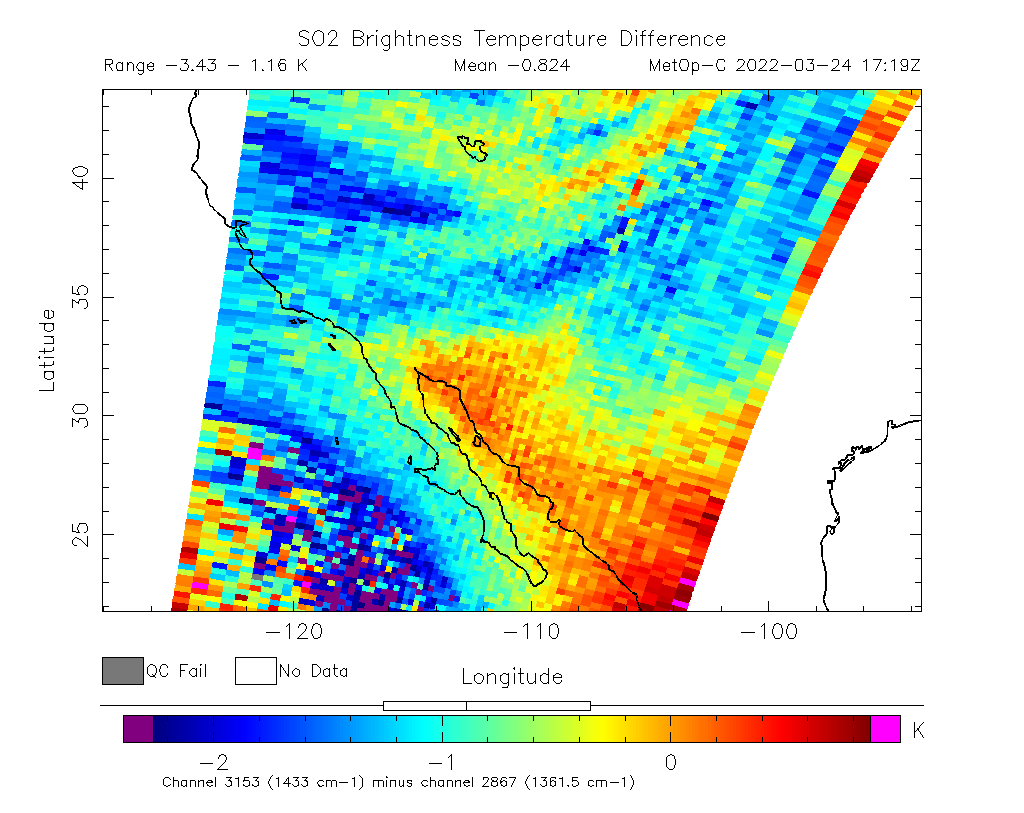 SO2 Brightness Temperature Difference 2022-03-24 17:19Z