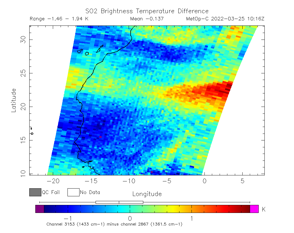 SO2 Brightness Temperature Difference 2022-03-25 10:16Z