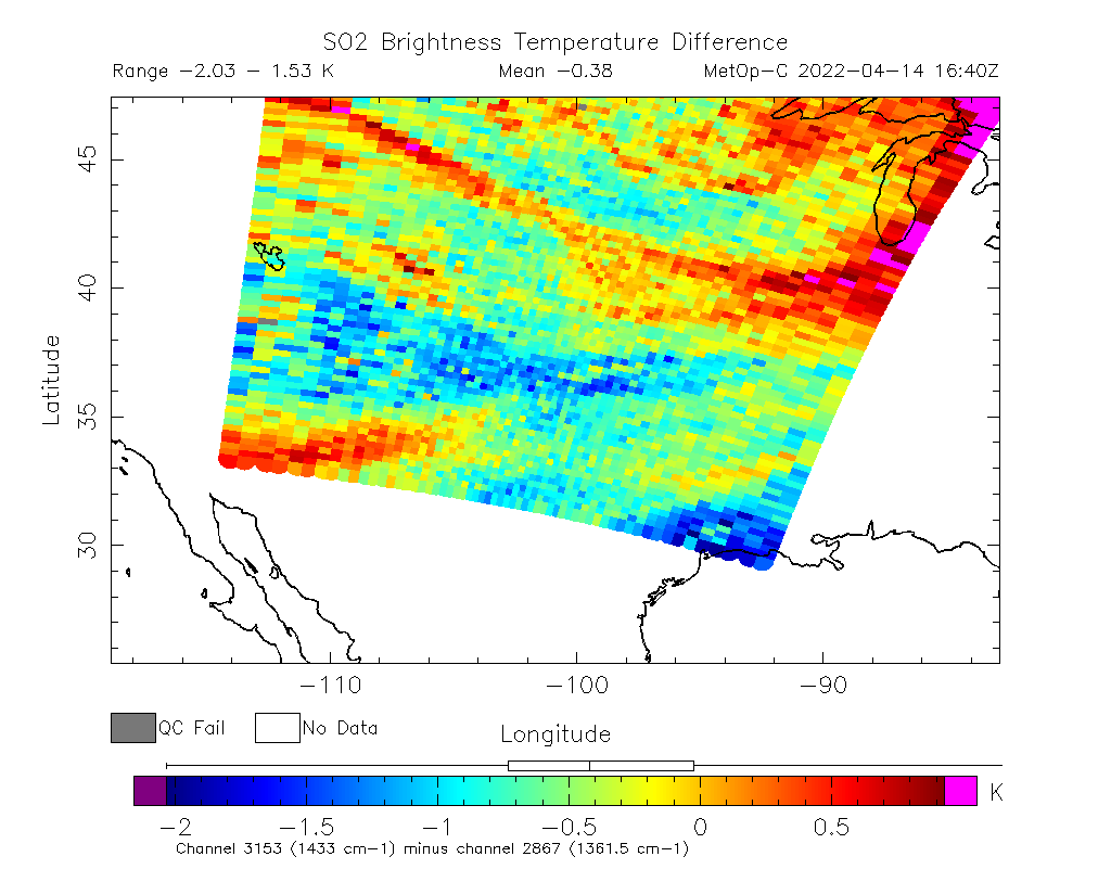 SO2 Brightness Temperature Difference 2022-04-14 16:40Z