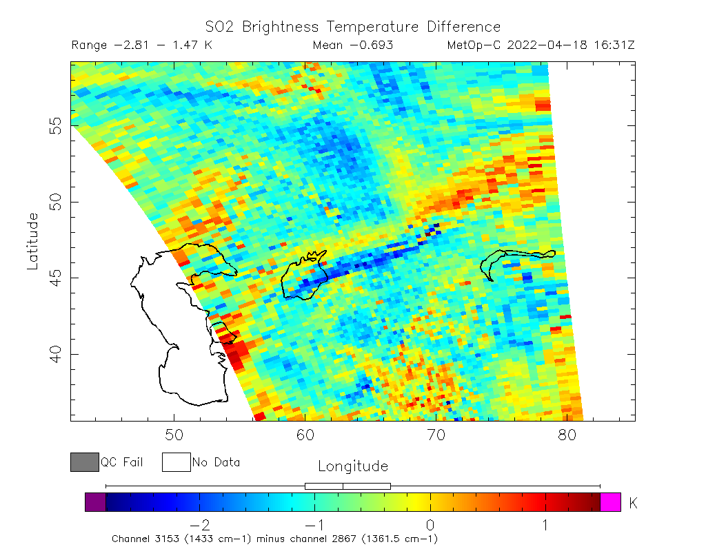 SO2 Brightness Temperature Difference 2022-04-18 16:31Z
