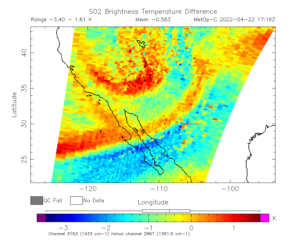 SO2 Brightness Temperature Difference 2022-04-22 17:16Z