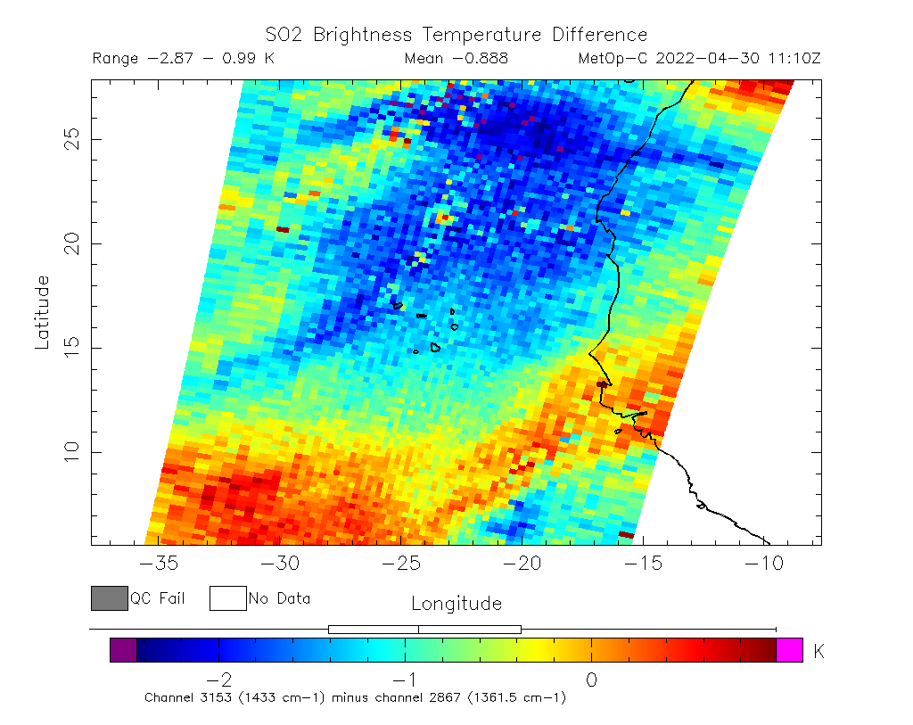 SO2 Brightness Temperature Difference 2022-04-30 11:10Z