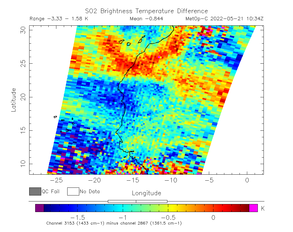 SO2 Brightness Temperature Difference 2022-05-21 10:34Z