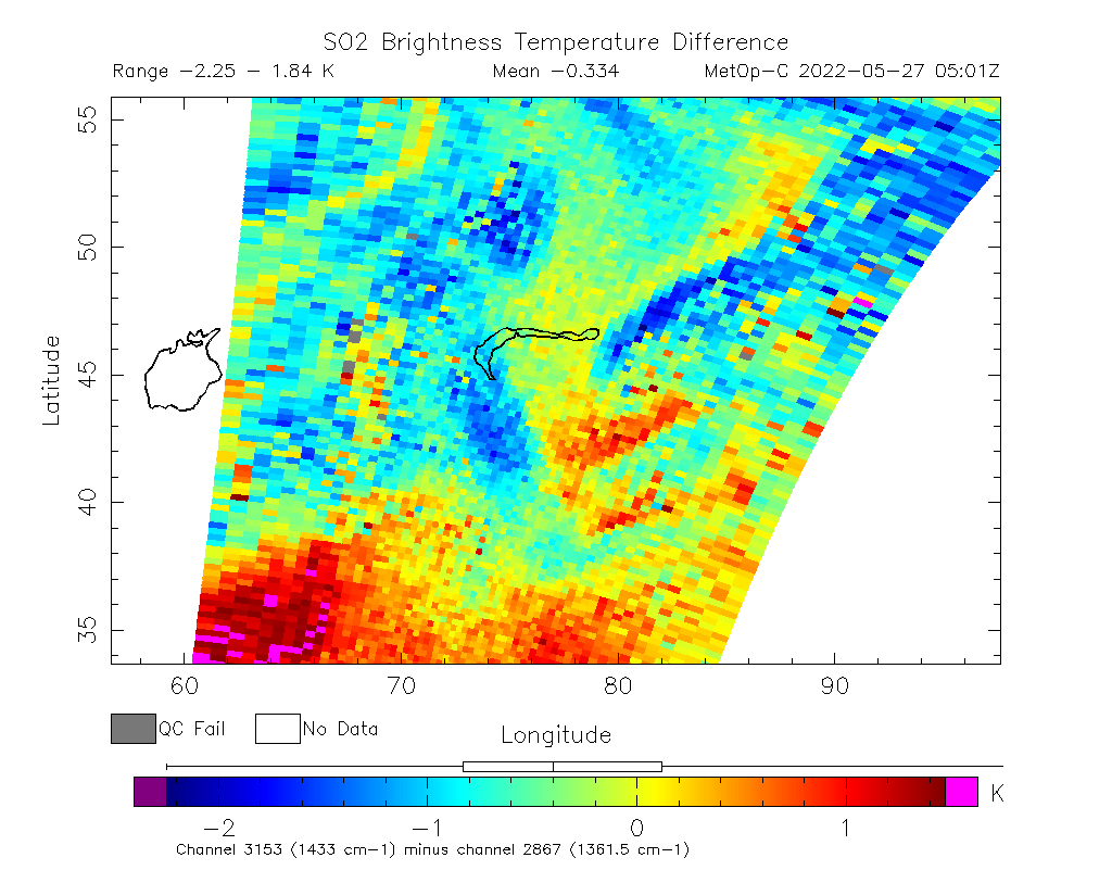 SO2 Brightness Temperature Difference 2022-05-27 05:01Z