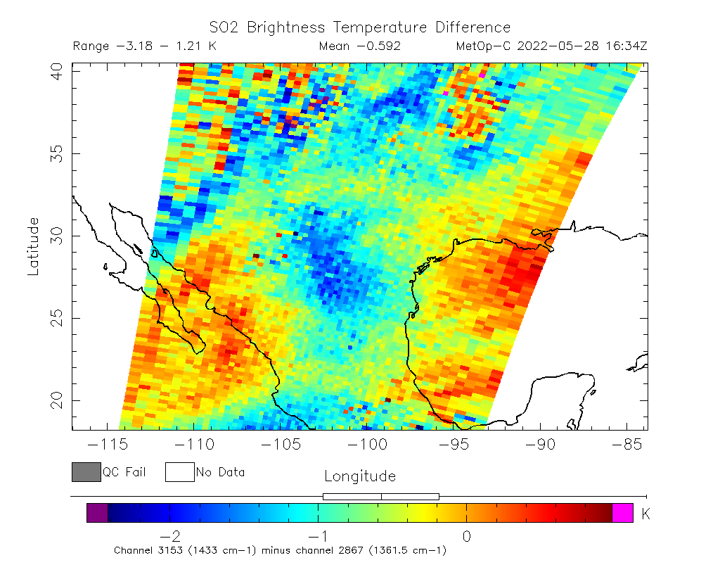 SO2 Brightness Temperature Difference 2022-05-28 16:34Z