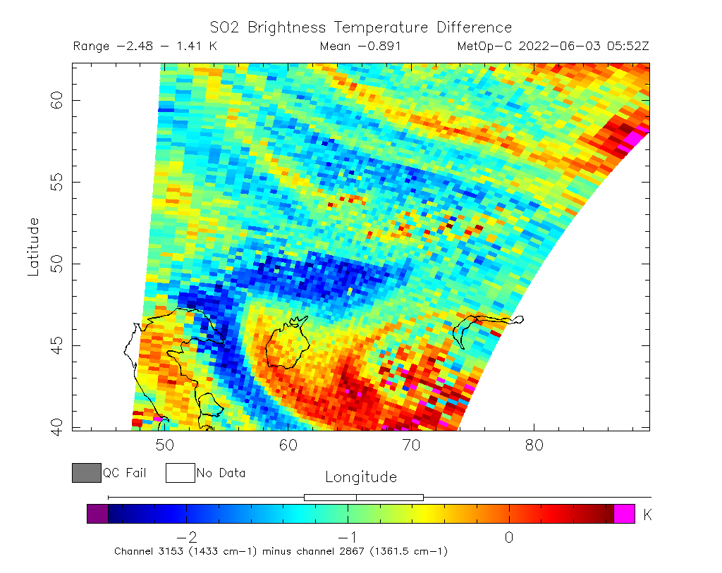 SO2 Brightness Temperature Difference 2022-06-03 05:52Z