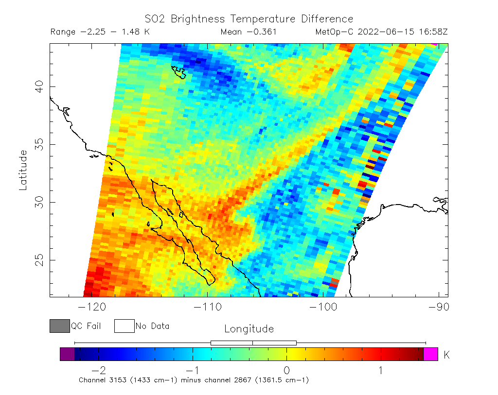SO2 Brightness Temperature Difference 2022-06-15 16:58Z