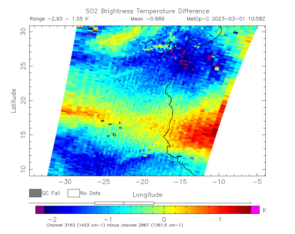SO2 Brightness Temperature Difference 2023-03-01 10:58Z