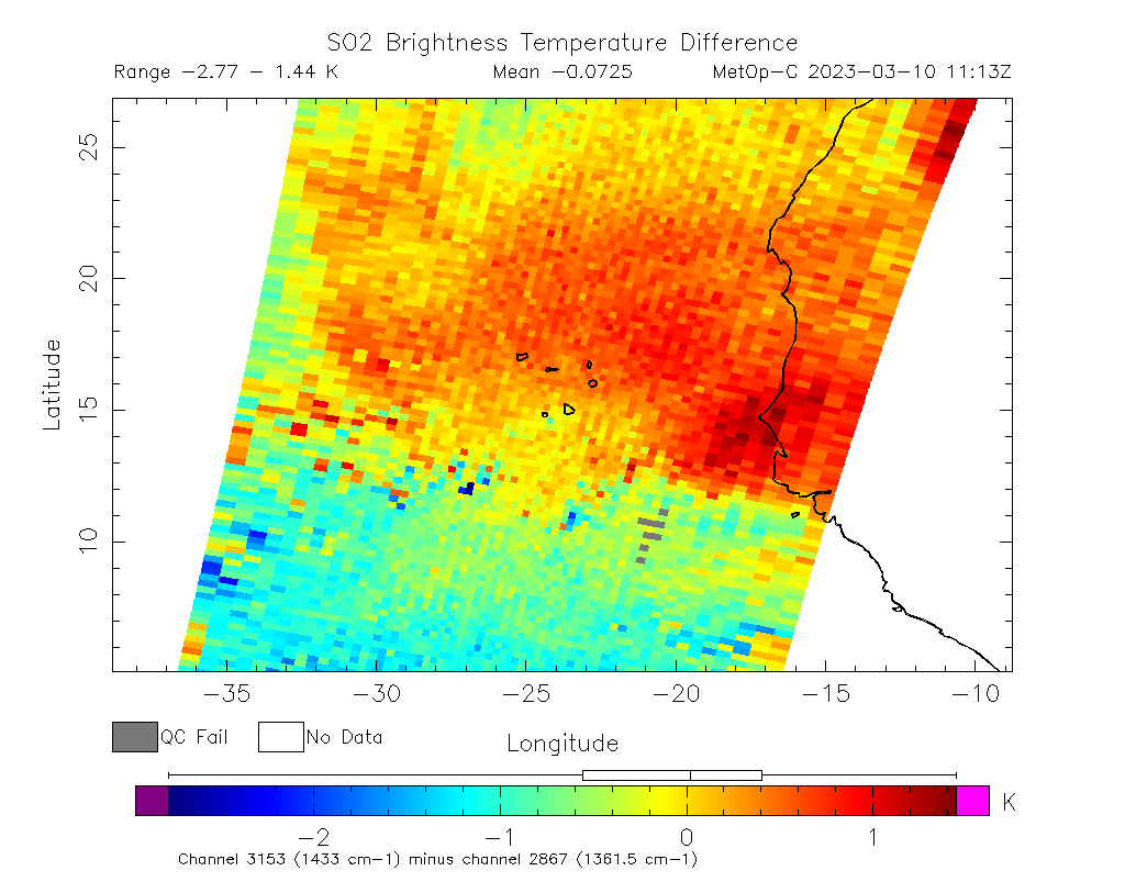 SO2 Brightness Temperature Difference 2023-03-10 11:13Z