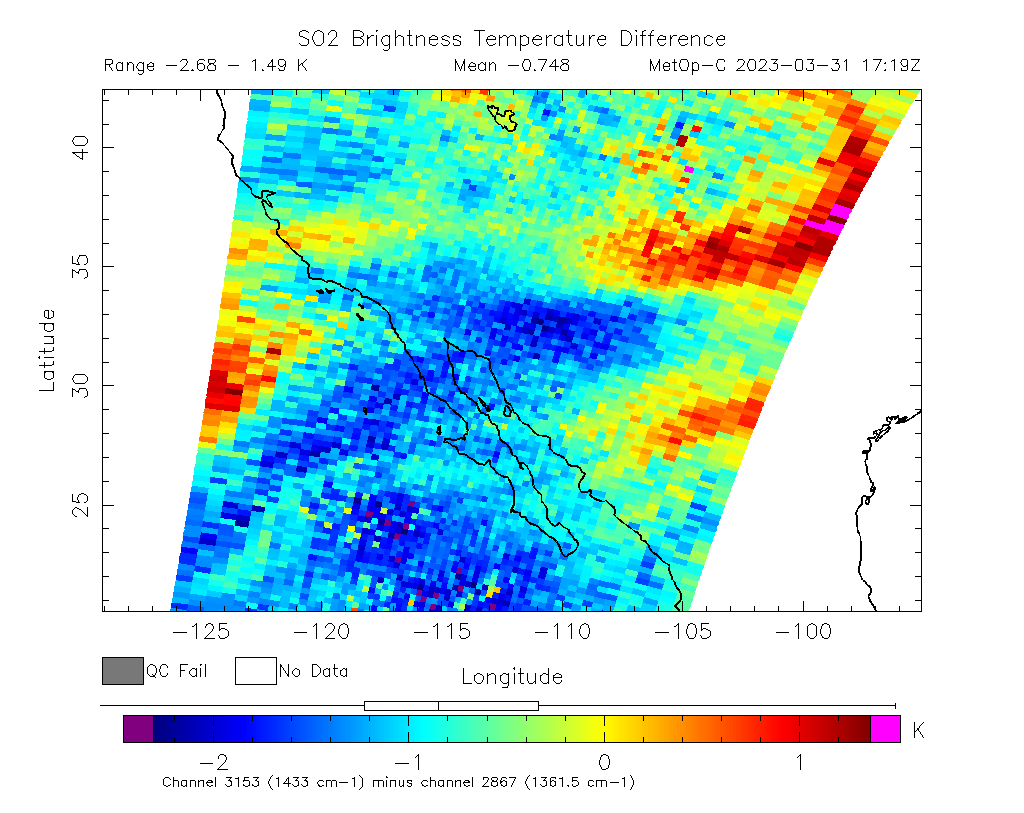 SO2 Brightness Temperature Difference 2023-03-31 17:19Z
