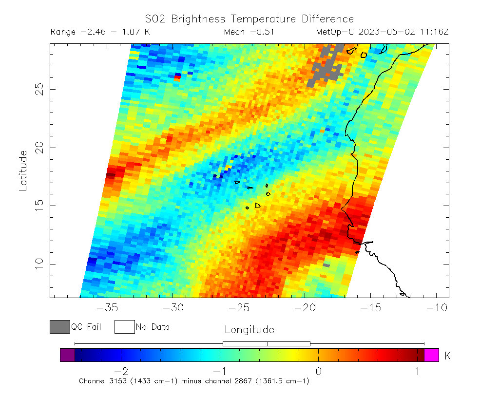 SO2 Brightness Temperature Difference 2023-05-02 11:16Z