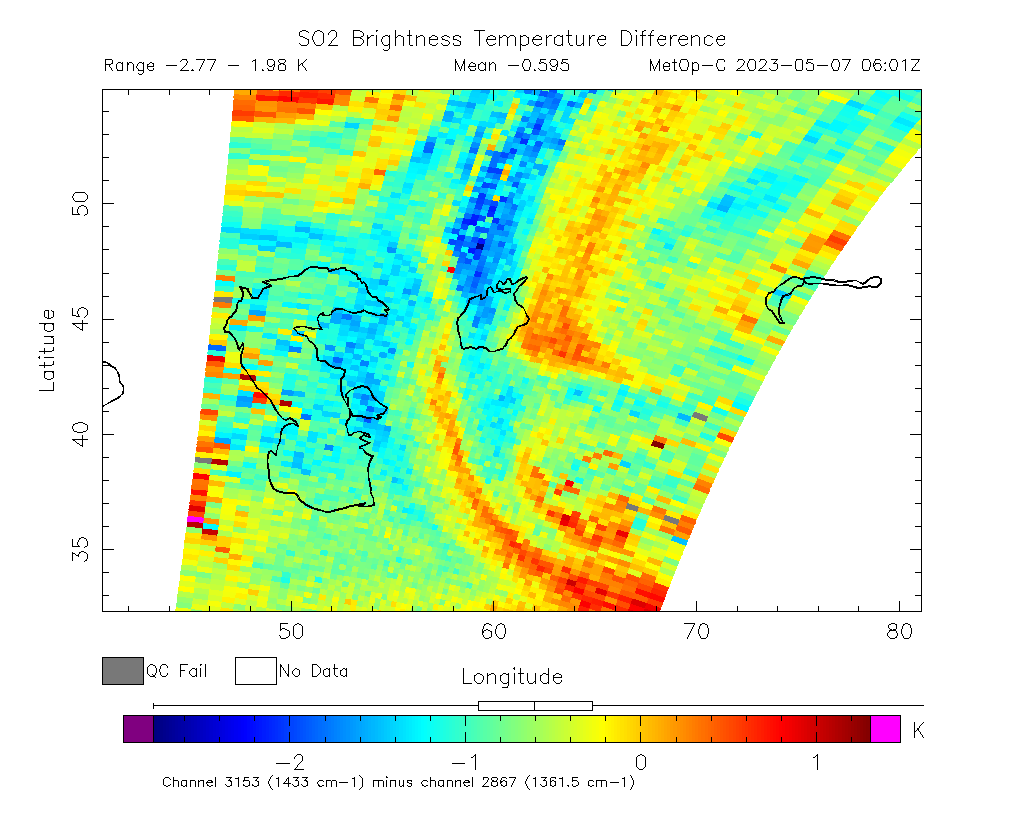 SO2 Brightness Temperature Difference 2023-05-07 06:01Z