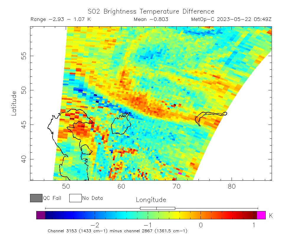 SO2 Brightness Temperature Difference 2023-05-22 05:49Z