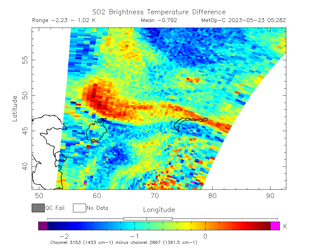 SO2 Brightness Temperature Difference 2023-05-23 05:28Z