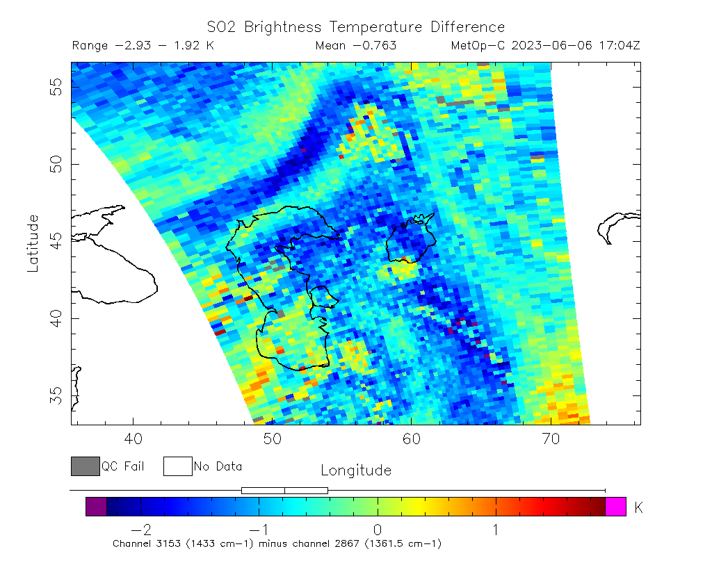 SO2 Brightness Temperature Difference 2023-06-06 17:04Z