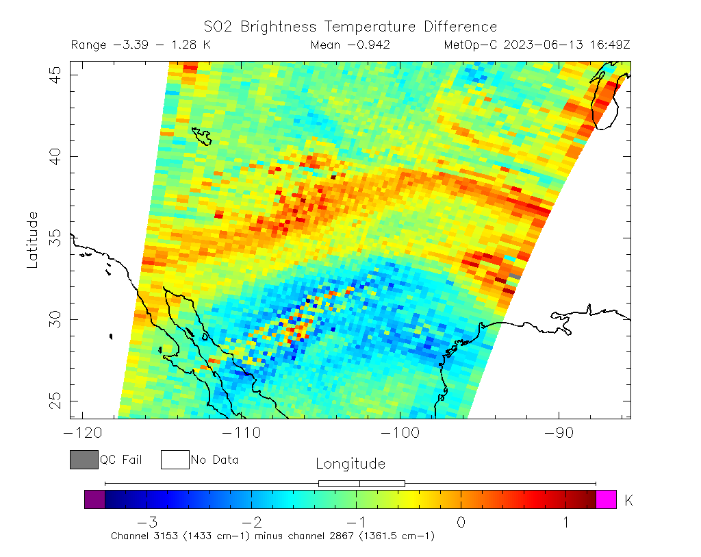 SO2 Brightness Temperature Difference 2023-06-13 16:49Z