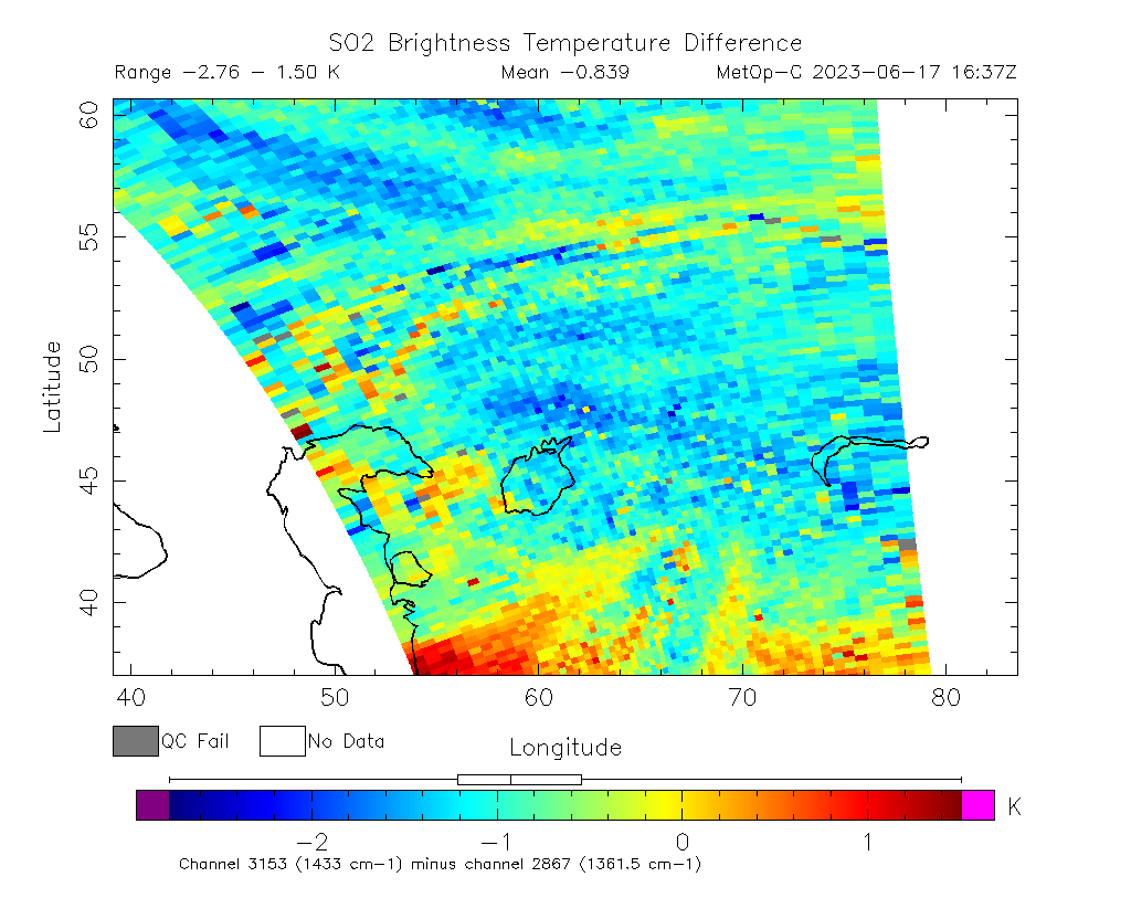SO2 Brightness Temperature Difference 2023-06-17 16:37Z