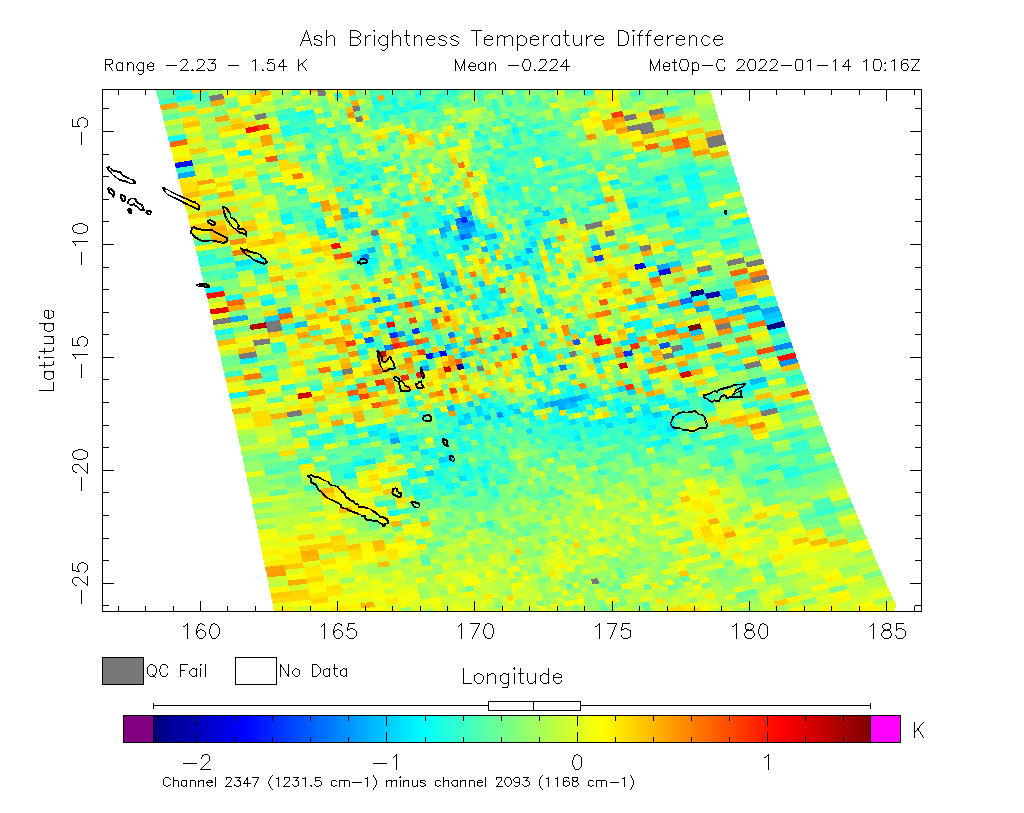 Ash Brightness Temperature Difference 2022-01-14 10:16Z