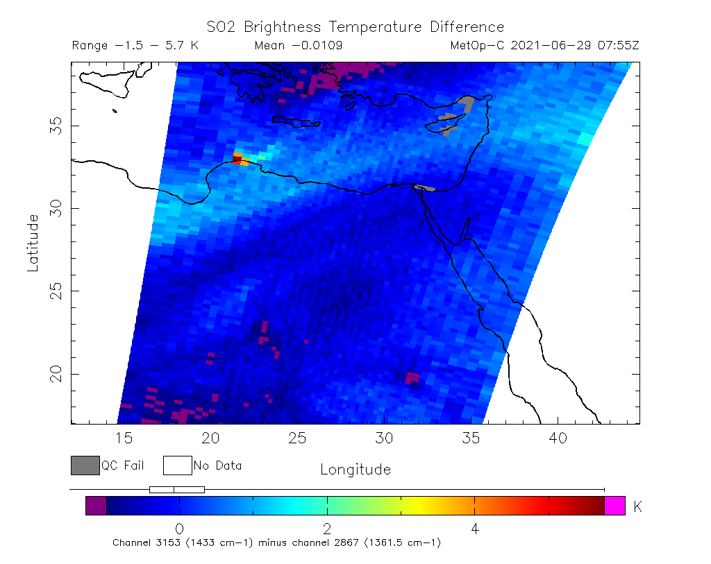 SO2 Brightness Temperature Difference 2021-06-29 07:55Z