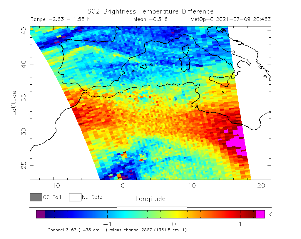 SO2 Brightness Temperature Difference 2021-07-09 20:46Z