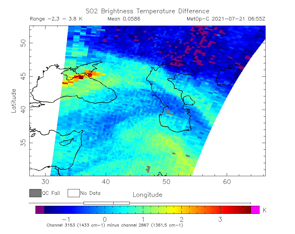 SO2 Brightness Temperature Difference 2021-07-21 06:55Z