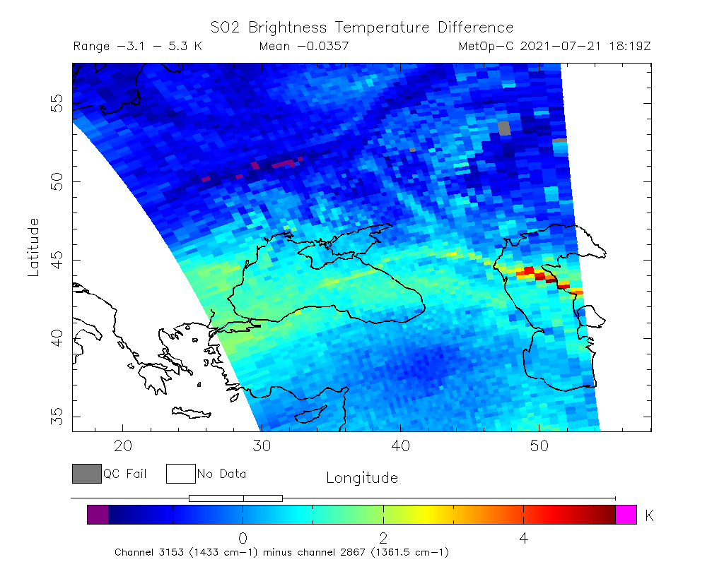 SO2 Brightness Temperature Difference 2021-07-21 18:19Z