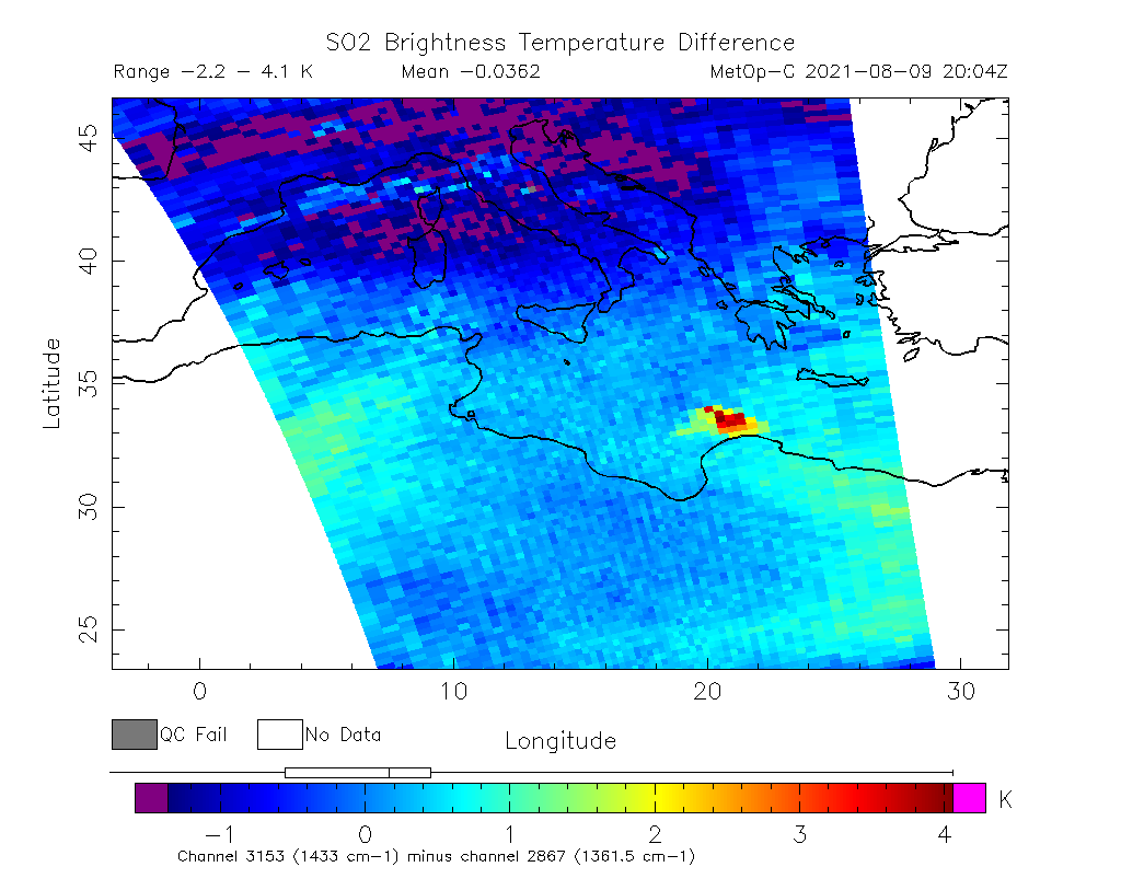 SO2 Brightness Temperature Difference 2021-08-09 20:04Z