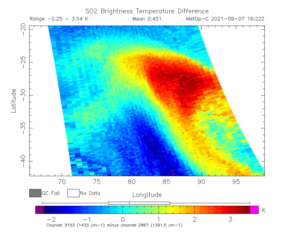 SO2 Brightness Temperature Difference 2021-09-07 16:22Z